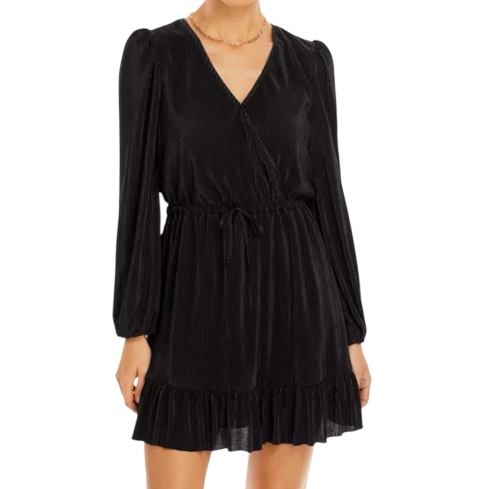 NWT AQUA Long Sleeve V-Neck A-Line Pleated Tie Front Lined Mini Dress Size Small
